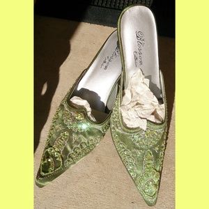 Shoes!! Sz7 olive satin with beading & sequins